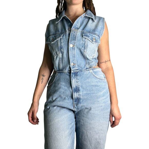 Zara Pants - NWT Zara Full Length Denim Cut Out Jumpsuit Sz XL Sleeveless Distressed
